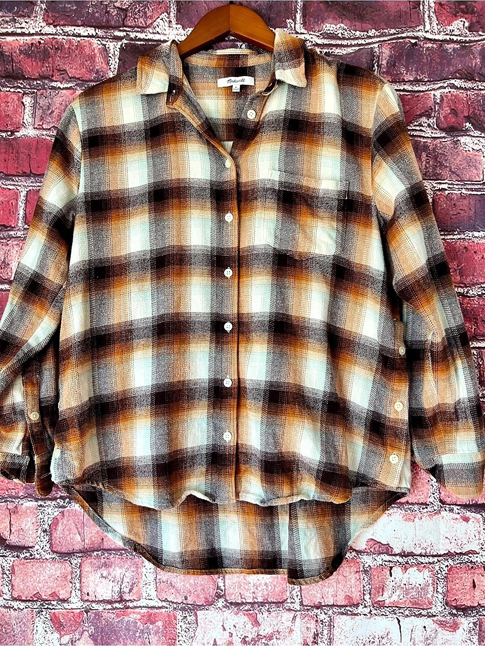 Madewell Flannel Side Button Oversized Ex-Boyfriend Plaid Shirt M